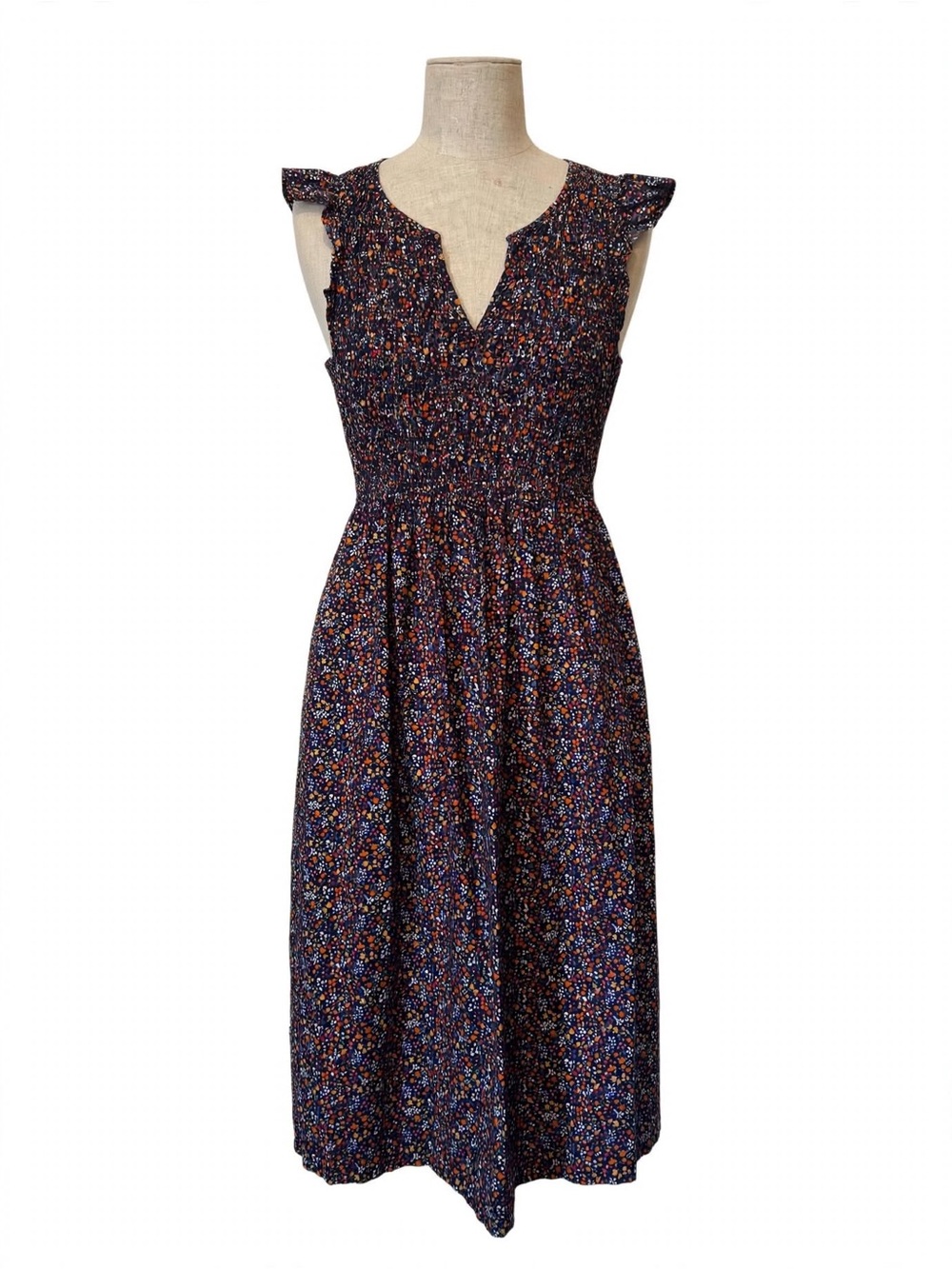 J.Crew Floral Prairie Midi Dress Size S Navy Orange Pink Smocked Flutter Sleeve